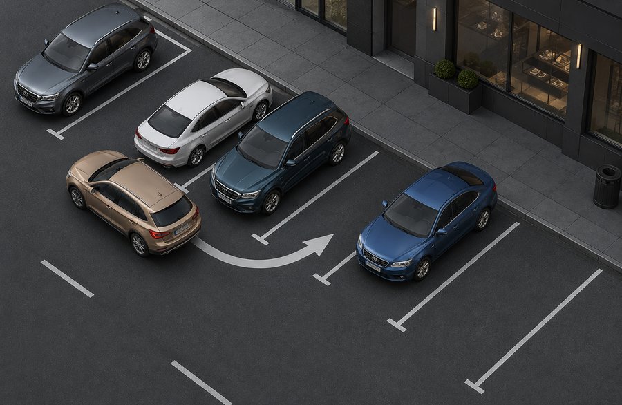 Vue aérienne d'une voiture bleue manœuvrant pour se garer en bataille entre deux véhicules