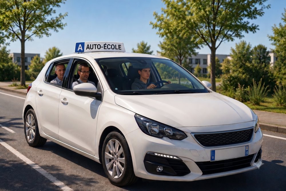 Voiture auto-école avec un candidat au volant et un moniteur, pendant une leçon de conduite
